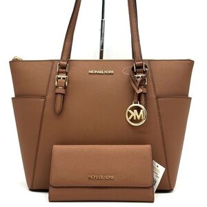 Michael Kors Large Charlotte TZ Tote Bag & Matching Trifold Wallet Luggage Brown